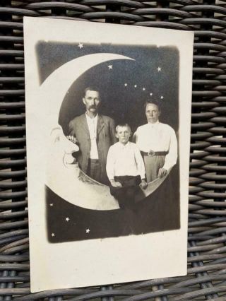 Vintage Antique Rppc Photo Postcard Paper Moon Family Man Woman Child Arcade