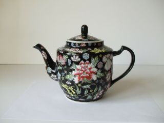 Vintage Chinese Famille Rose Teapot Floral Pattern On Black Ground