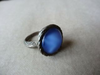 Victorian Antique Jewellery Silver Tone Engraved Blue Moonstone Glass Ring