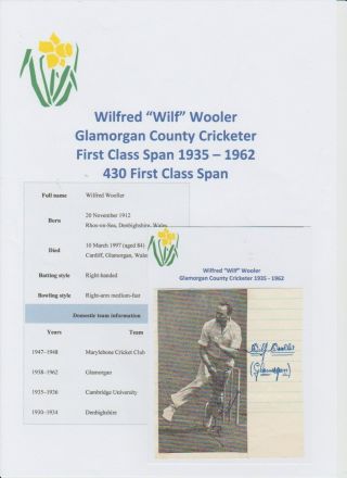 Wilf Wooler Glamorgan County Cricketer 1935 - 1962 Rare Orig Hand Signed Cutting