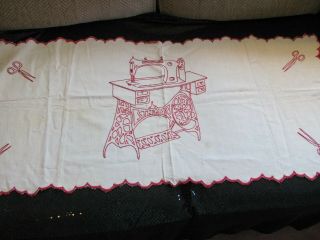 Vintage Handmade Embroidered Dresser Scarf - Antique Pedal Sewing Machine