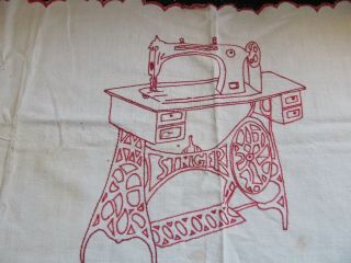Vintage Handmade Embroidered Dresser Scarf - Antique Pedal Sewing Machine 2