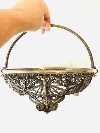 Antique Egyptian Revival Silver Plated Bowl Stand With Handle,  Dragonfly