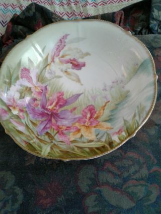 Antique Porcelain Handpainted Large Bowl With Orchids And Gold Border
