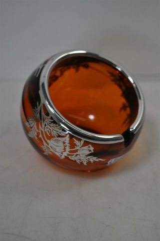 Vintage Orange Ash Tray W/sterling Silver.  925 Floral Inlay Design 634g