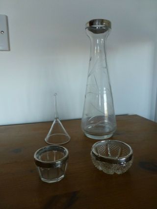 2 Cut Glass Salts With Silver Rims/tall Silver Topped Vase,  Sml Glass Funnel