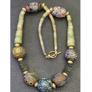 Lovely Necklace With Antique Jade Stone & Mosaic Glass & Face Bead 59