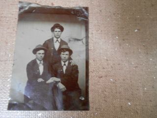 Antique American Three Young Men Wearing Derby Hats Tintype Photo