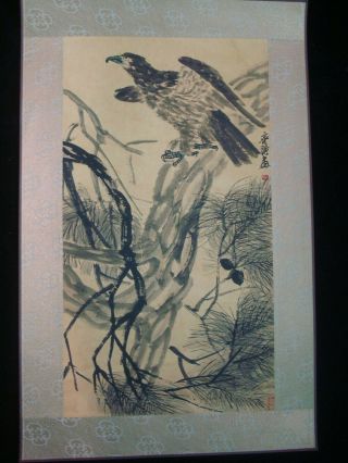 Old Large Chinese Paper Hand Painting Eagle And Pine Tree " Qihuang " Marks