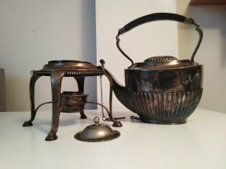 Antique Silver Plated Tea Kettle With Stand And Spirit Burner.