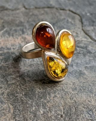 Vintage Yellow Orange Red Amber Sterling Silver Ring Size 6