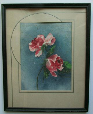 Antique Floral Watercolor Painting Roses Art Deco Frame Signed Jeanne Callahan