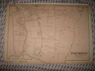 Large Antique 1873 Patchogue Long Island York Handcolored Map Fine Nr