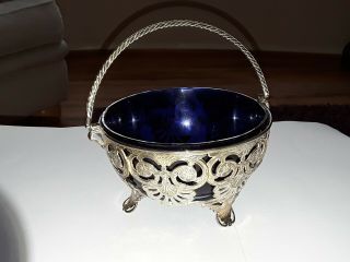 Vintage Silver Plated 3 Footed Bon Bon Dish With Cobalt Blue Glass Liner