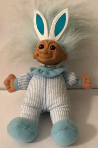 Vintage Russ Troll Kidz Plush Doll Easter Bunny Costume Blue Hair Pajamas Doll