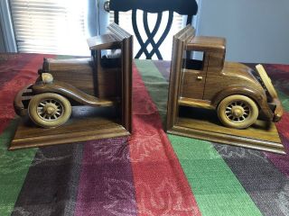 Vintage Walnut Toys Hand Crafted By Scheiders Wood Crafts Car Book Ends Rare