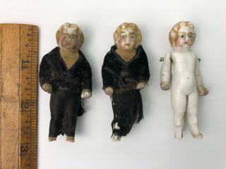 3 Antique Miniature German Bisque Jointed Dollhouse Dolls 2.  5 "