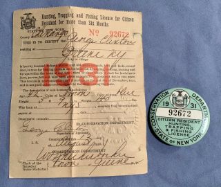 1931 Nys Citizen Resident Hunting Trapping Fishing License Button W/ Paper Rare