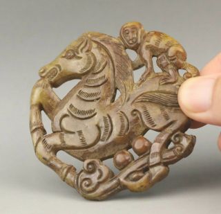 Chinese Old Natural Jade Hand - Carved Monkey Horse Pendant 2.  6 Inch