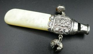 Antique Sterling Silver Baby Rattle / Whistle - Mother Of Pearl Handle - Uk 1899