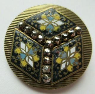 Spectacular Large Antique Vtg French Champleve Enamel Button W/ Cut Steels (n)