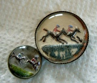 2 Vintage Glass & Metal Horse Picture Button Reverse Painted 5/8 " & 7/8 "