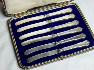 Antique Set Of 6 Boxed Sterling Silver Butter Knives Hallmark Sheffield Uk 1915
