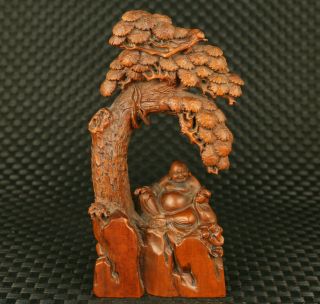 Chinese Old Boxwood Hand Carved Buddha Under The Tree Statue Figure Decorate