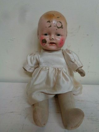 Antique 14.  5 " Tall Metal Head Doll,  Soft Body Silk Dress.