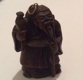 Estate Antique Signed Carved Wood Chinese Man Figurine Pendant