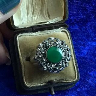 Antique Art Deco Real Silver Green Jade & Marcasites Gemstone Ring