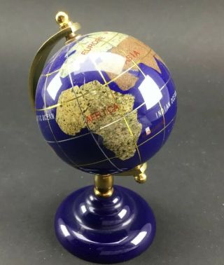 Blue Lapis Gemstone Globe World Inlaid Precious Stones On Stand Table Top Size