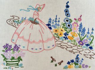 Vintage Hand Embroidered Linen Panel Crinoline Lady In Country Garden