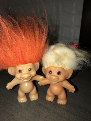 2 Vintage Dam ? Troll Dolls 1960’s White Orange Hair Purple Eyes Unmarked