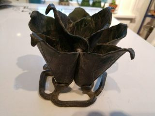 Antique Green Metal Lead Flower Frog / Curled Leaves