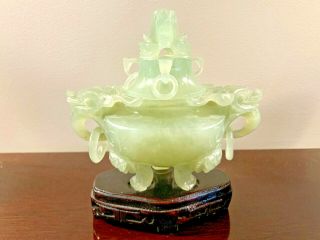Old Chinese Jade Dragon Tripod Hand Carved Censer Incense Burner W/lid And Stand