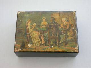 Victorian Mauchline Ware Black Lacquer Card Box " What Shall I Play " Painting
