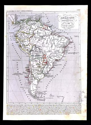 1849 Houze Map - South America - Brazil La Plata Argentina Chile Peru Colombia