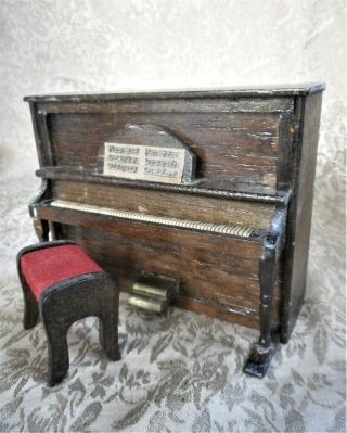 Vintage Dollhouse Miniature Artisan Furniture Wood Wooden Upright Piano W/ Bench