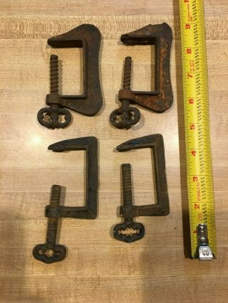 4 Vintage Antique C Clamps,  Cast Iron Fancy Skeleton Key Quilt Frame