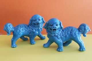 Pr Antique Chinese Turquoise Porcelain Foo Dog Guardian Lion Sculptures/ Stamped