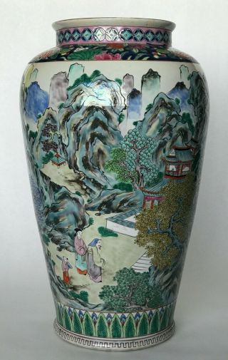 Large Chinese Famille Verte Porcelain Figural Landscape Vase 14 1/4 " Tall
