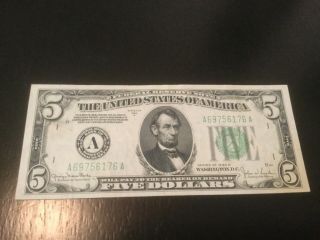 Rare 1934 - D $5 Five Dollars Federal Reserve Note Boston Massachusetts 6176a