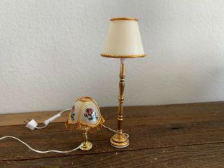 Vintage Dollhouse Miniature Electric Brass Standing Floor Lamp With Shade Table