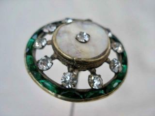 Fine Antique Metal & Facet Cut Emerald Green & Clear Glass Hat Pin.