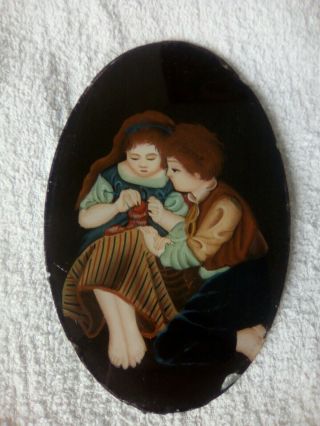 Reverse Miniature Painting On Glass Of Two Young Adults Girl Knitting 1 Of 4.