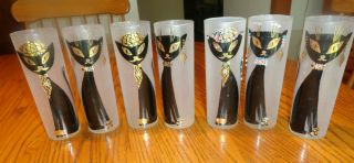 7 Mid Century Black Cat Frosted Drinking Glasses W/rhinestones Rare Maida Armour