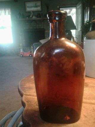 Antique Deep Reddish Amber Stoddard Type Pint Whiskey Flask Crude Early 1870 