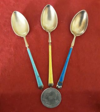 (3) Norwegian David Andersen Sterling Silver Enamel 3 7/8 " Demitasse Spoons