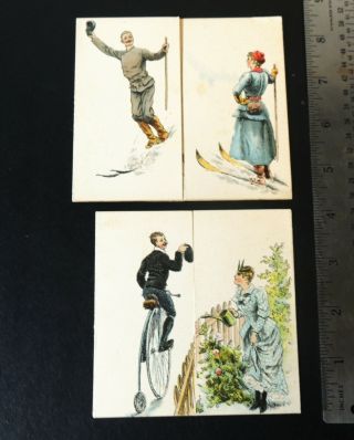 2 Antique Folding Metamorphic Victorian Trade Card Sport Injured Man Bicycle Ski